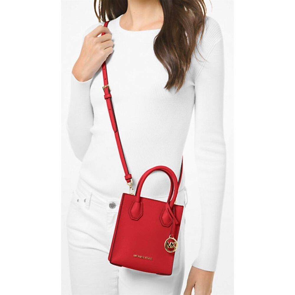 Michael Kors Mercer XS Red Pebbled Leather Crossbody Bag Designer Gift - Picture 2 of 7